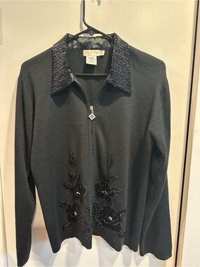 Adore Black Beaded V-Neck Zip Front Sweater